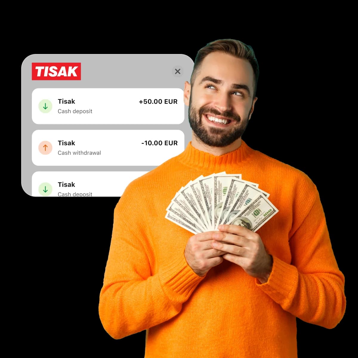 Smiling man in orange sweater holding cash, standing in front of a digital display showing cash deposit and withdrawal transactions.